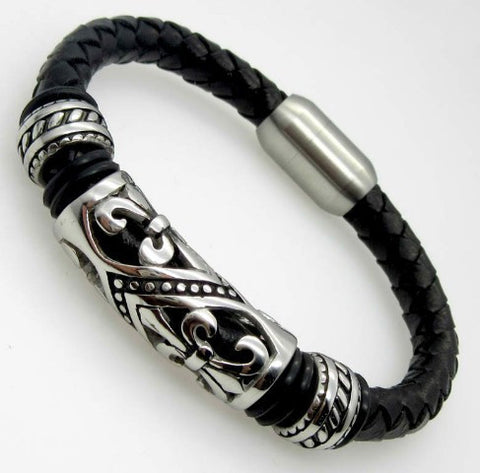 Stainless Steel Leather Braid Bracelet With Magnetic Buckle Claps